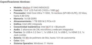 Portátil MEDION, Intel Ultra 7 155H, 16GB, 1TB SSD