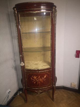 Vitrina marquetería madera, bronce. Vintage, 1980
