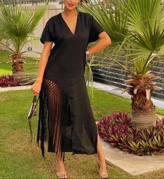 Vestido lino flecos ZARA - S