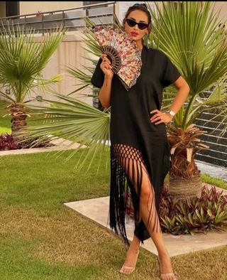 Vestido lino flecos ZARA - S