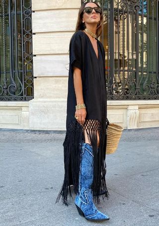 Vestido lino flecos ZARA - S