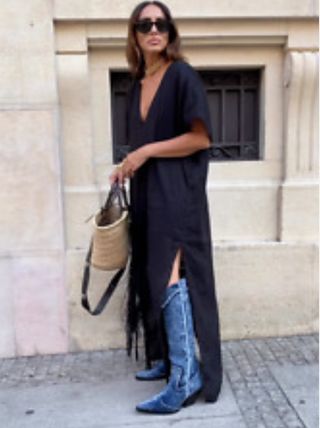 Vestido lino flecos ZARA - S