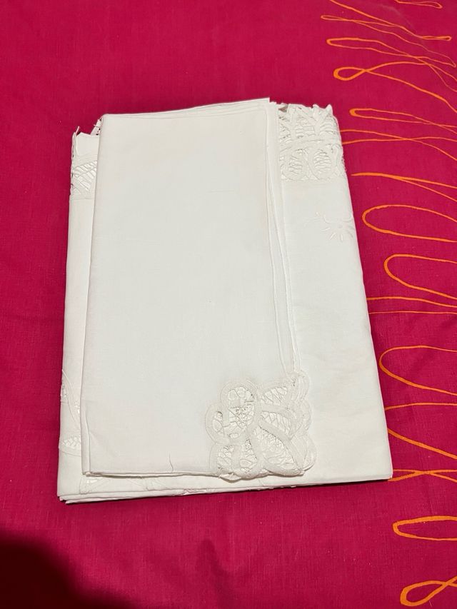 Manteleria algodon blanco - 12 cubiertos