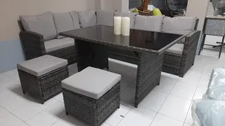 Conjunto exterior rinconera mimbre gris