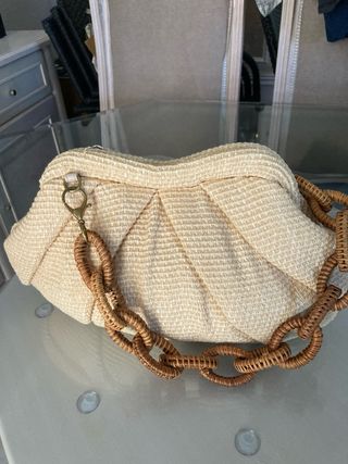 Bolso rafia beige - asa mimbre