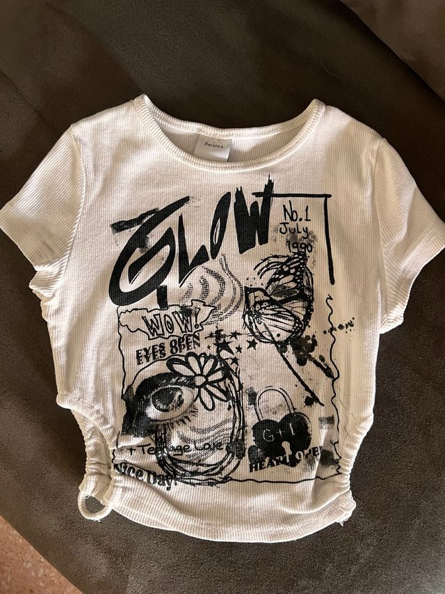 Camiseta Crop Bershka blanco - niñas 10/12 años