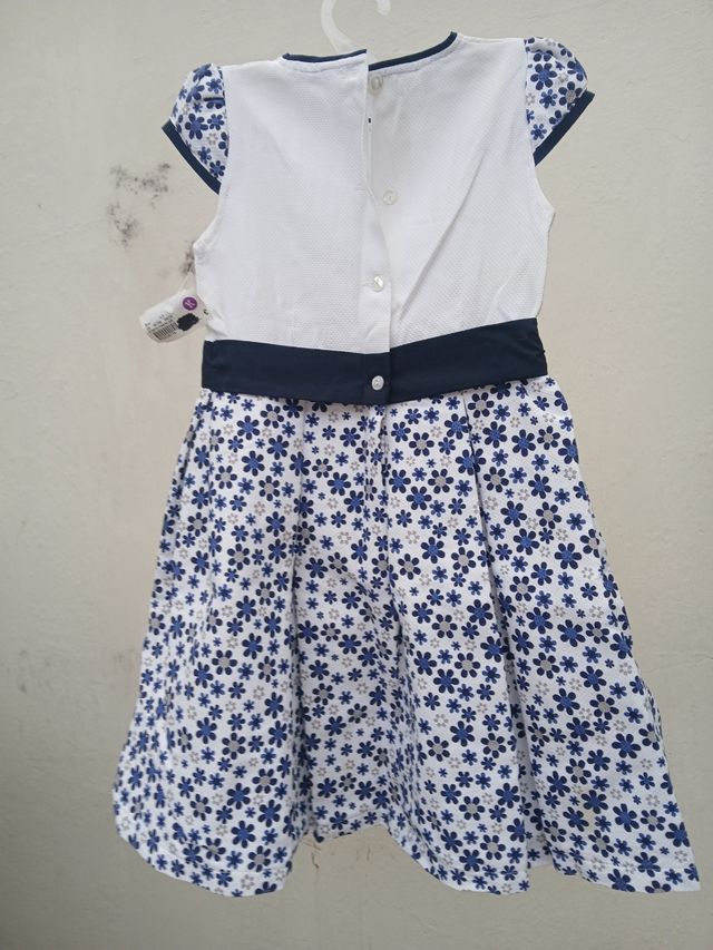 Vestido Infantil - Flores Azul e Branco