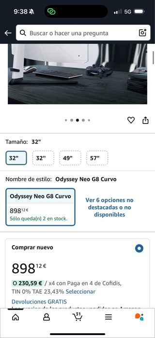MiniLED curvo Samsung Odyssey Neo G8 32" 4K 240Hz