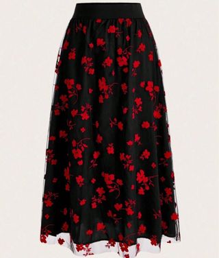 ¡Oferta! Falda midi negra con flores rojas