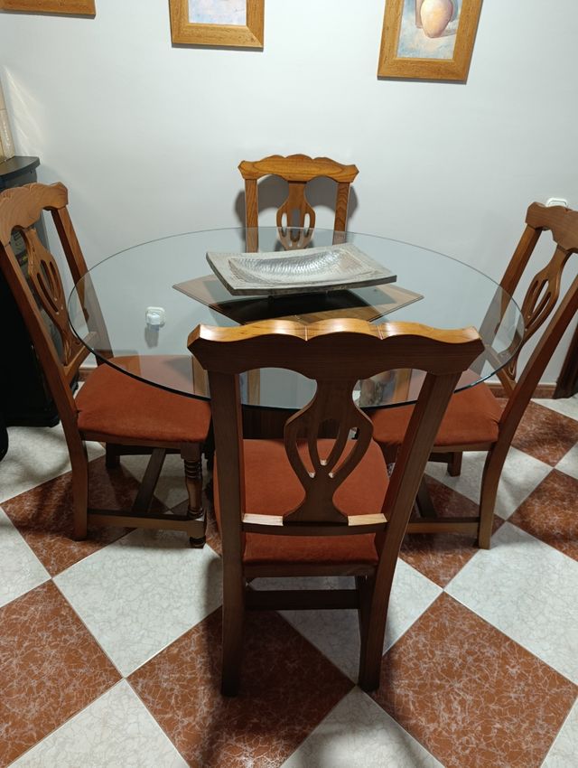 Mesa cristal madera + 4 sillas