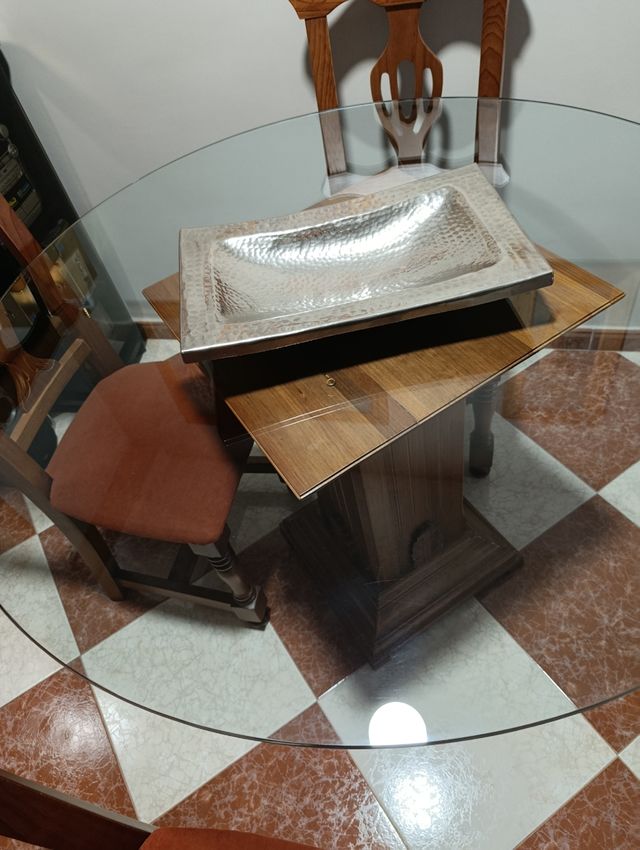 Mesa cristal madera + 4 sillas
