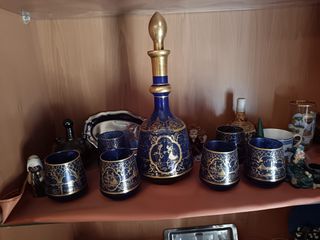 Bottiglia di liquore blu di Murano + 6 bicchieri