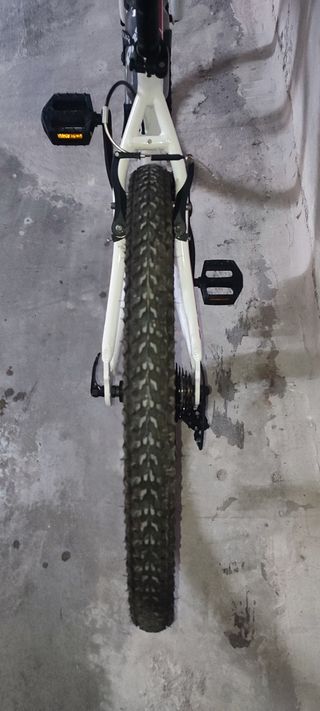 Bicicleta Montaña blanca y rosa.