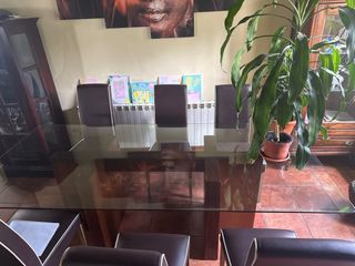 Mesa cristal madera maciza y 6 sillas- Comedor