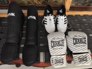 Equip. boxeo: guantes, espinilleras y zapatillas.