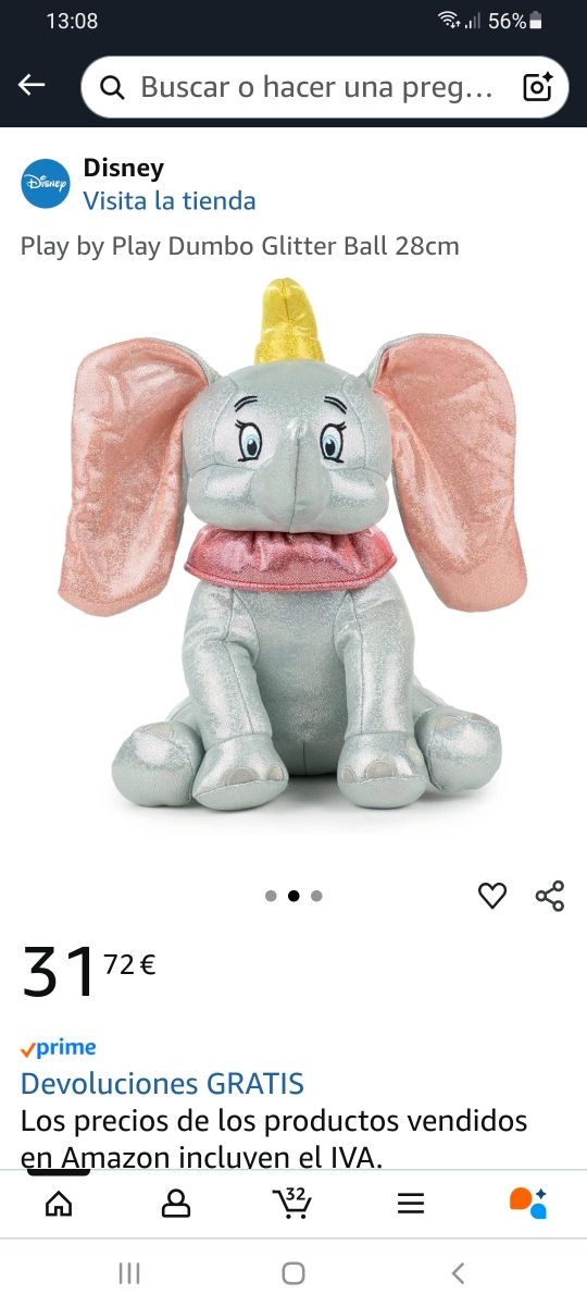 Peluche Dumbo glitter con sonido