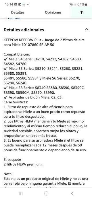 Filtro Aspiradoras Miele HEPA AirClean SF-HA 50