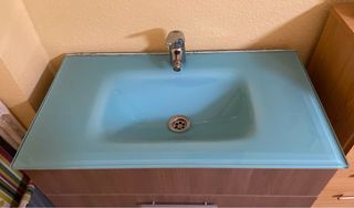 Mueble baño 3 cajones madera y lavamanos cristal
