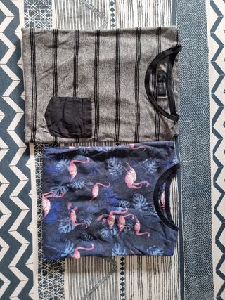 2 Camisetas: Rayas Grises & Flamencos