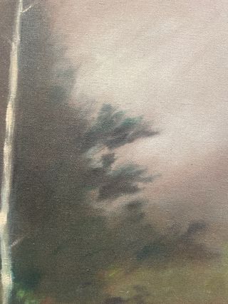 Cuadro al óleo .Paisaje con río y abedules