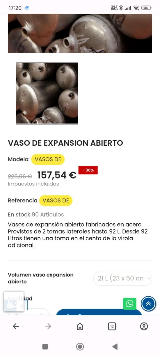 Vaso expansión abierto 21Lts. nuevo.