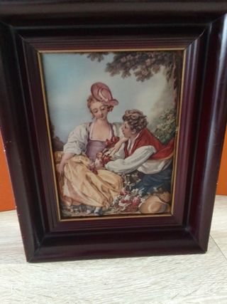 Cuadro antiguo niños con uvas y mujer enamorada 