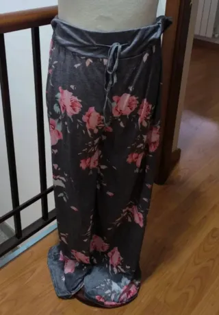 Pantalón ancho flores - gris/rosa