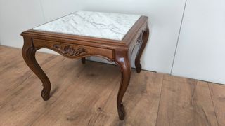 MESA BAJA CENTRO AUXILIAR DE MADERA Y MARMOL ANTIG