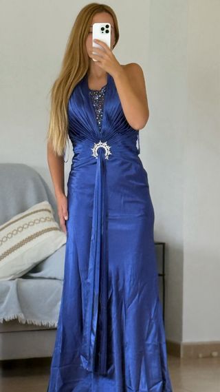 Vestido fiesta azul satinado