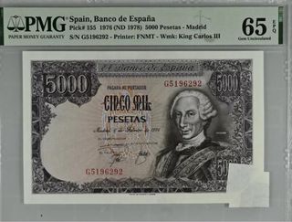 5000 Pesetas España 1976 error pmg oro