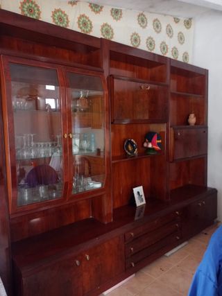 Mueble salón madera-cristal.