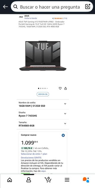 Portátil  Asus Tuf Gaming A15 rtx 4060 ryzen 7435