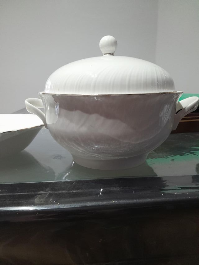 Vajilla porcelana blanca y plata