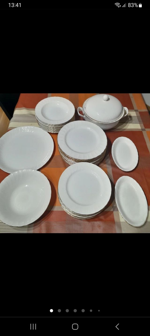 Vajilla porcelana blanca y plata