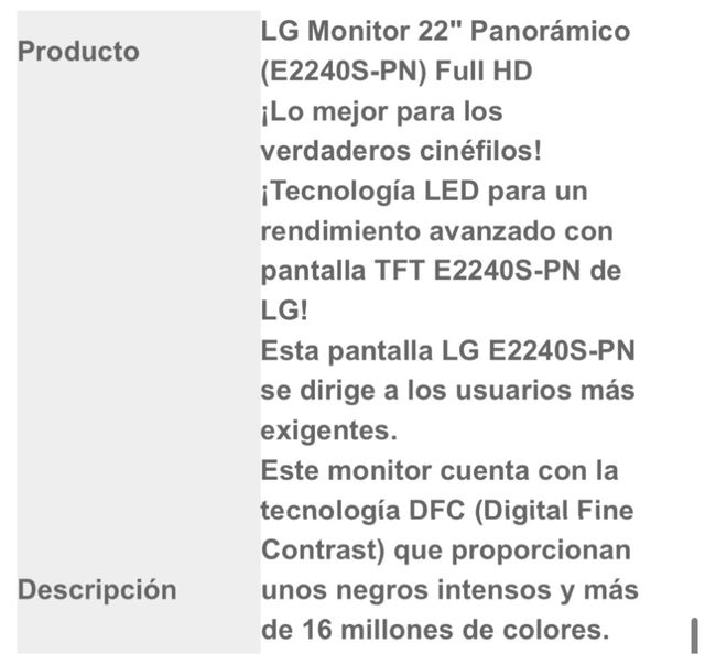 MONITOR LG 22” PANORAMICO CON CD y CABLE VGA