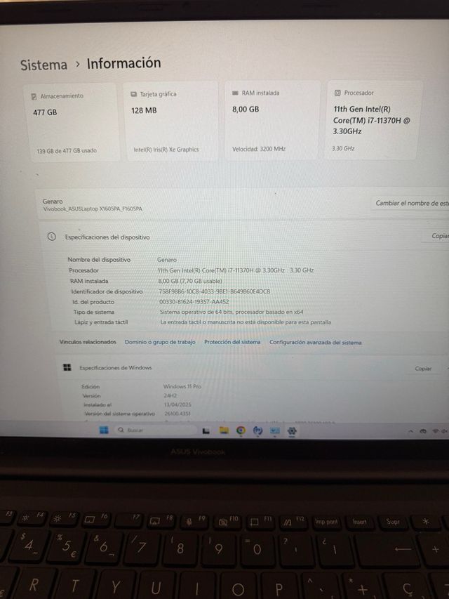 Portátil Asus Vivobook 8GB RAM
