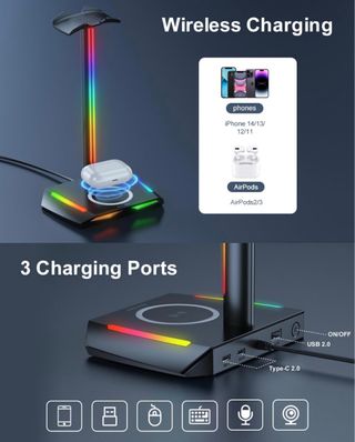 Soporte Auriculares RGB con Carga Inalámbrica