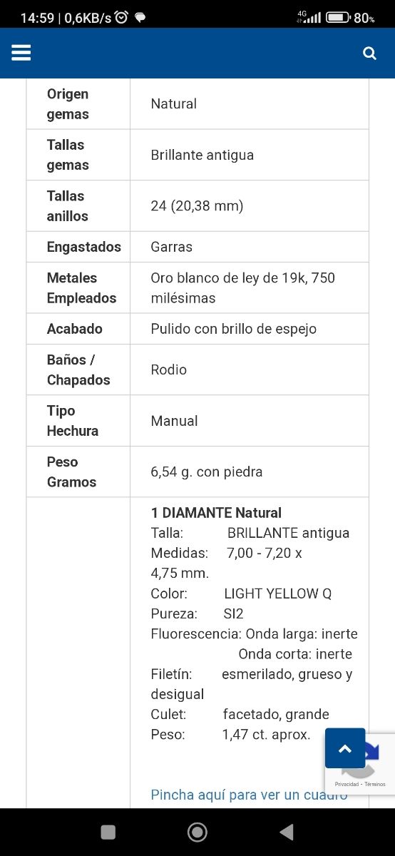 Anillo solitario oro blanco 19k con Brillante