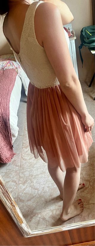 Vestido beige y rosa tul bordado