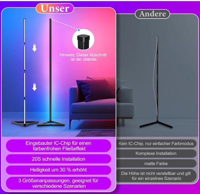 Lámpara de pie LED 140 cm negra, multicolor NUEVA