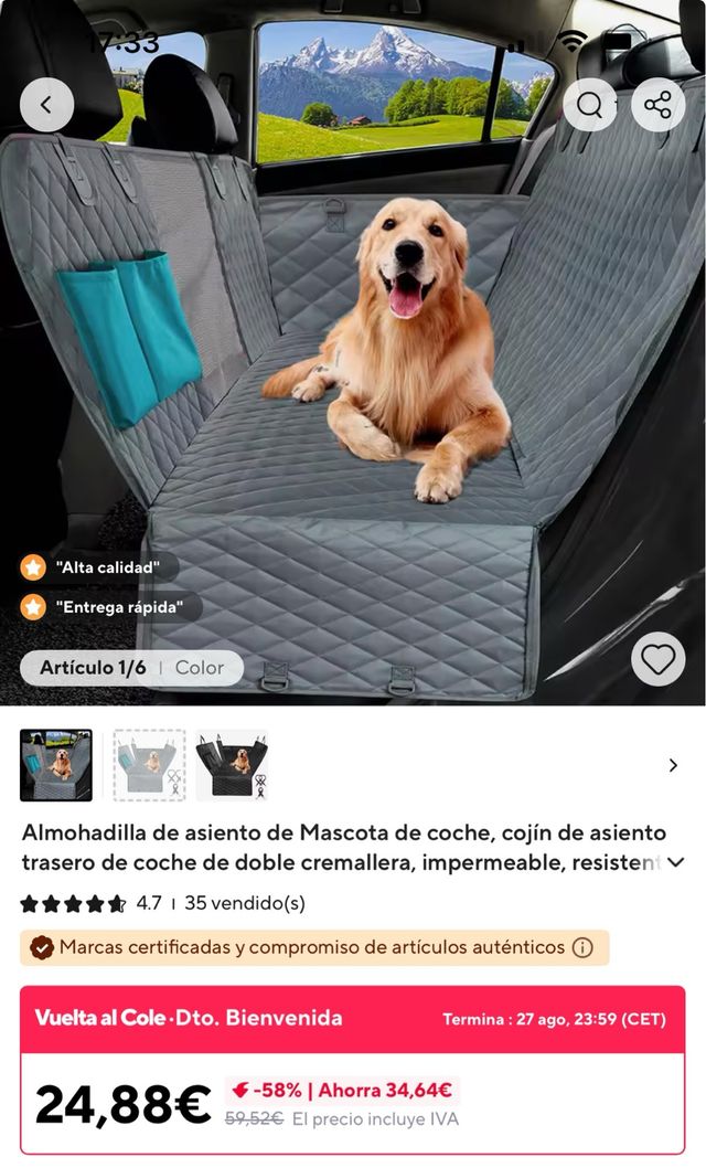 Hamaca Mascotas Coche Gris