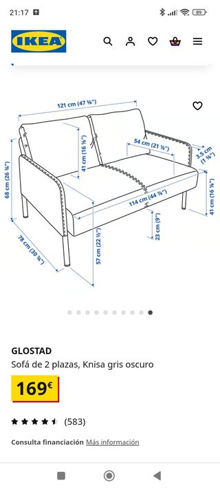 Sofá Glostad Ikea 2 plazas - Gris oscuro. 