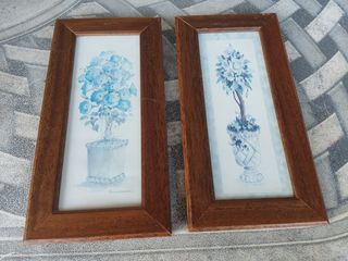 2 Cuadros florales azules vintage decoración baño.