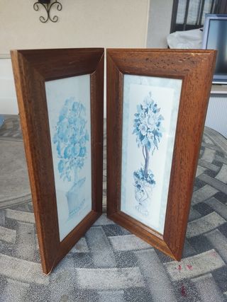 2 Cuadros florales azules vintage decoración baño.