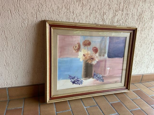 Quadro olio su tela, fiori e uva