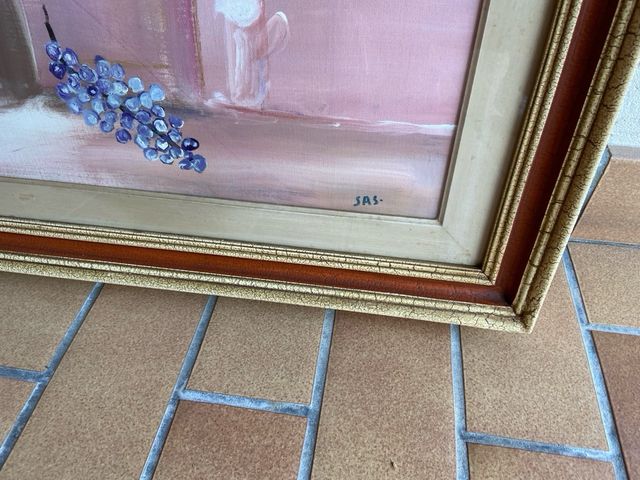 Quadro olio su tela, fiori e uva