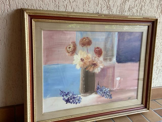 Quadro olio su tela, fiori e uva