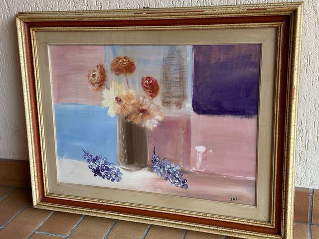 Quadro olio su tela, fiori e uva