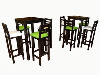 mesas altas + taburetes madera