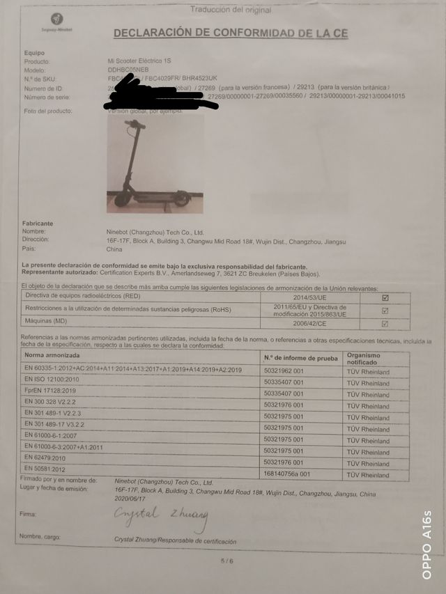 Patinete eléctrico Xiaomi + Cargador 
Con papeles 